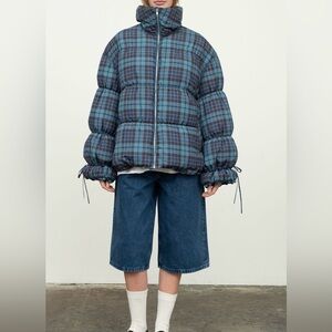 Moon River Navy Checkered Puffer Jacket